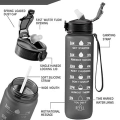 Shazanoor Motivational Water Bottle – 1 Litre BPA-Free Leakproof Bottle with Time Marker & Strap for Gym, Office & Outdoor Hydration