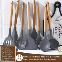 33Pcs Kitchen Utensils Set Wooden Handle Spatula Spoon Non-Stick Heat-resistant Silicone Cooking Utensils Set