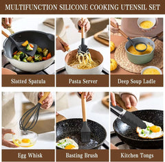 33Pcs Kitchen Utensils Set Wooden Handle Spatula Spoon Non-Stick Heat-resistant Silicone Cooking Utensils Set