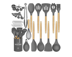 33Pcs Kitchen Utensils Set Wooden Handle Spatula Spoon Non-Stick Heat-resistant Silicone Cooking Utensils Set